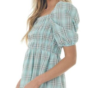 NWT Mint Plaid Smocked 3-4 Puff Sleeve Mini Dress Size Small.